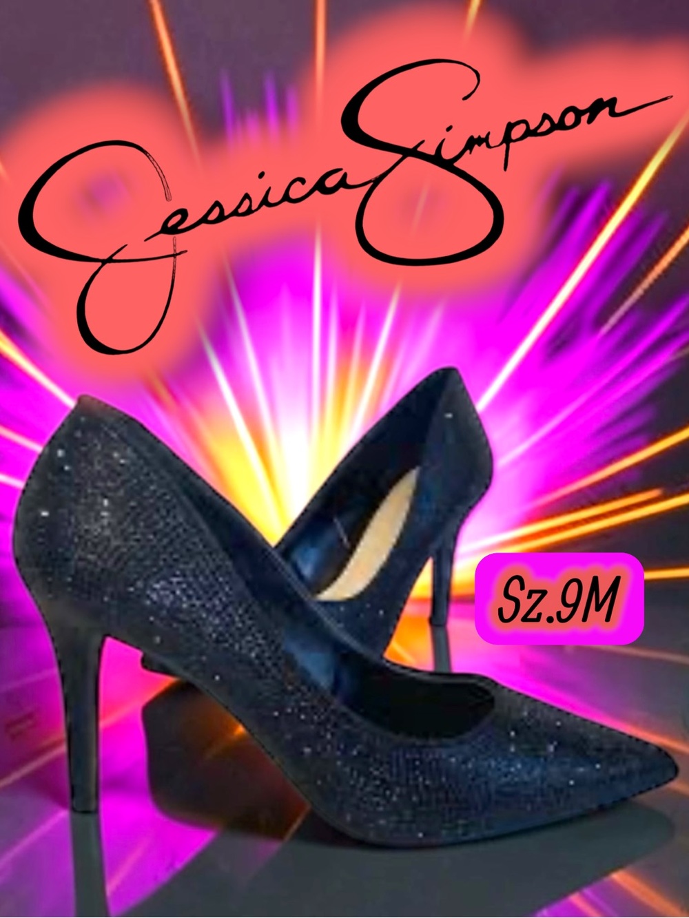 EUC Jessica Simpson Lindiza Black Rhinestone Pointed Toe Stiletto Pumps Sz 9M